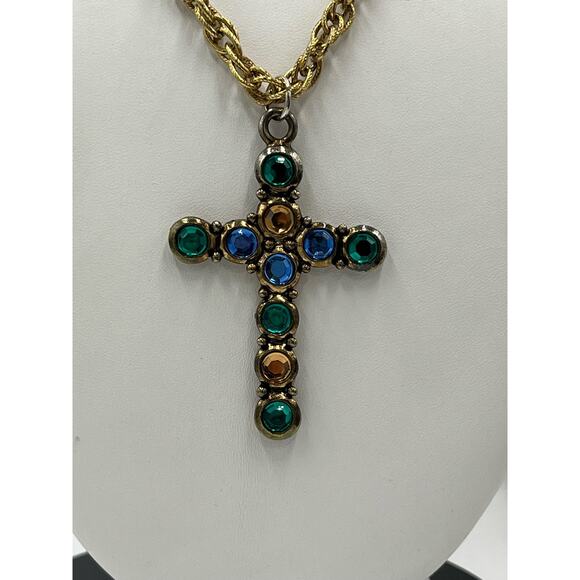 Multicolor Blue Yellow Green Multi stone Gold Tone Cross Long Pendant Necklace - Picture 4 of 8